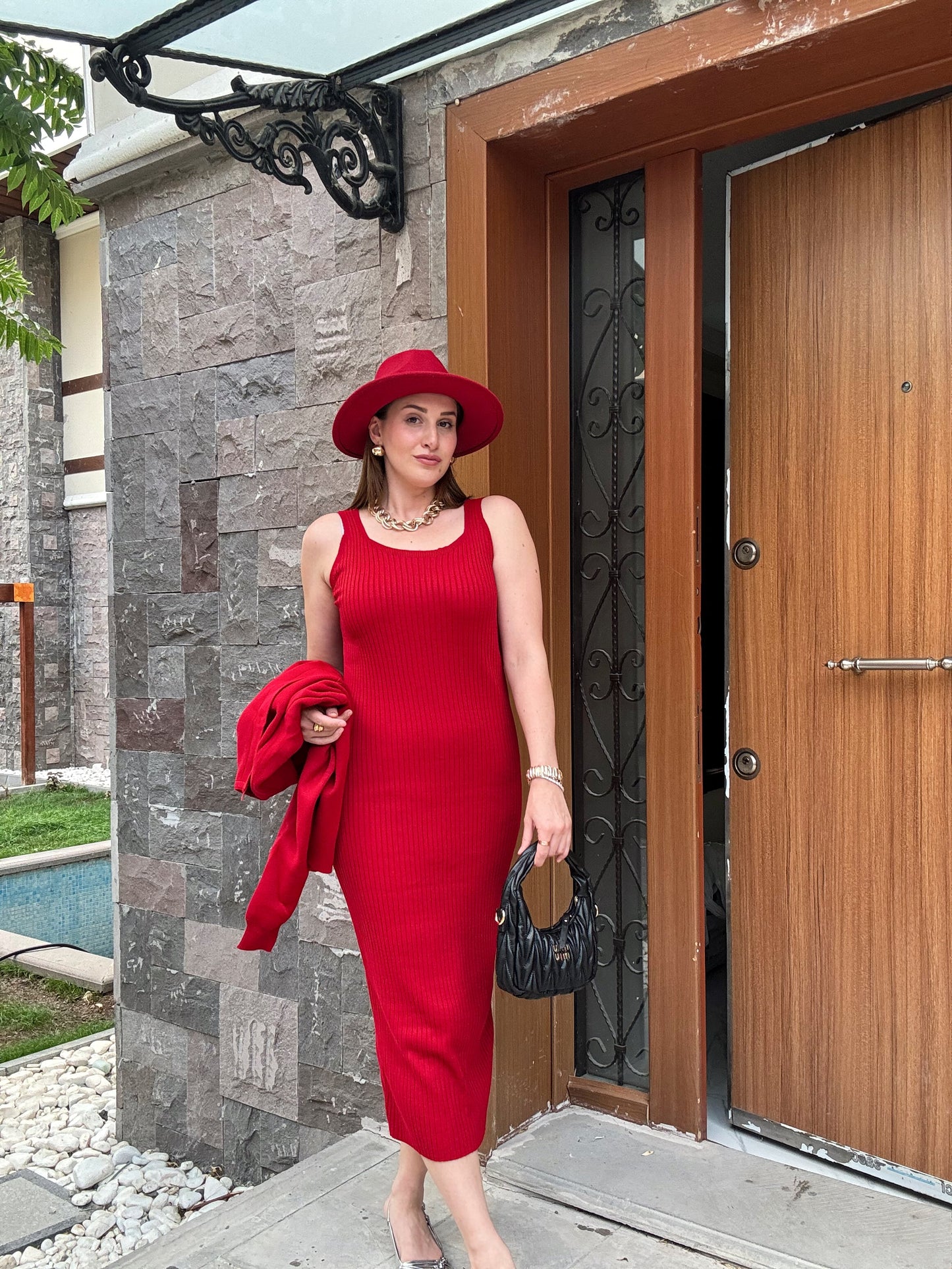 Ceketli Elbiseli Triko Takım - KIRMIZI