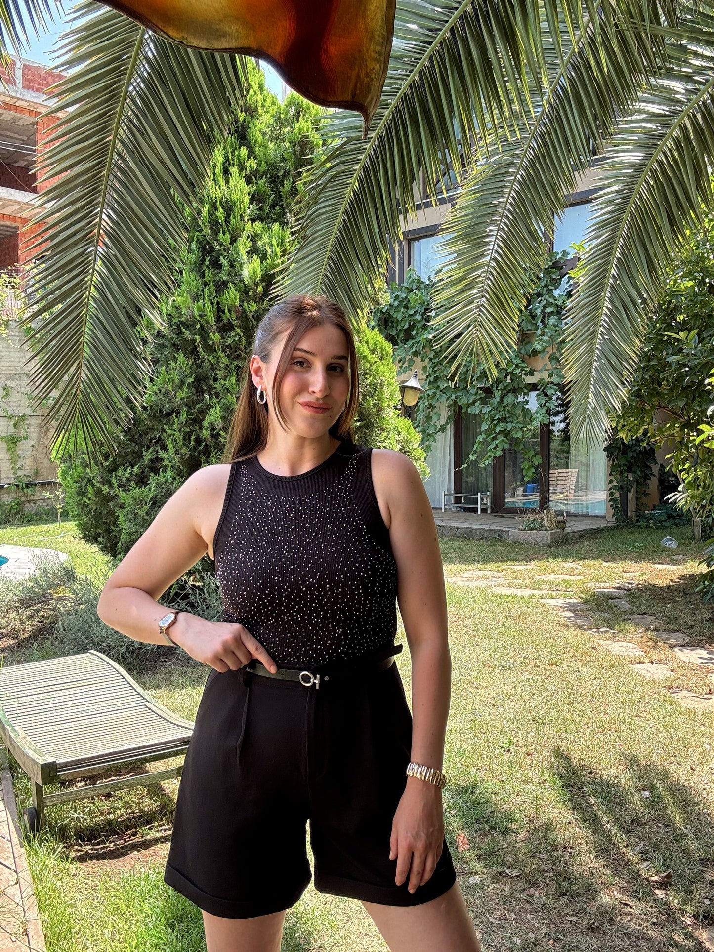 Önü Taşlı Atlet - SİYAH