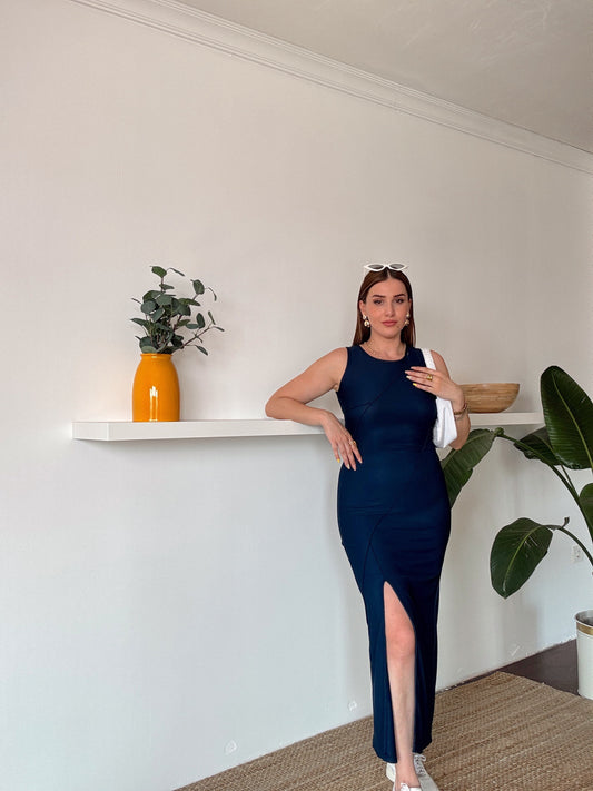 Nevürlü Yırtmaçlı Elbise LACİVERT