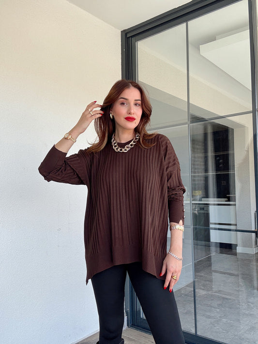 Oversize kesim kol düğmeli kazak KAHVERENGİ
