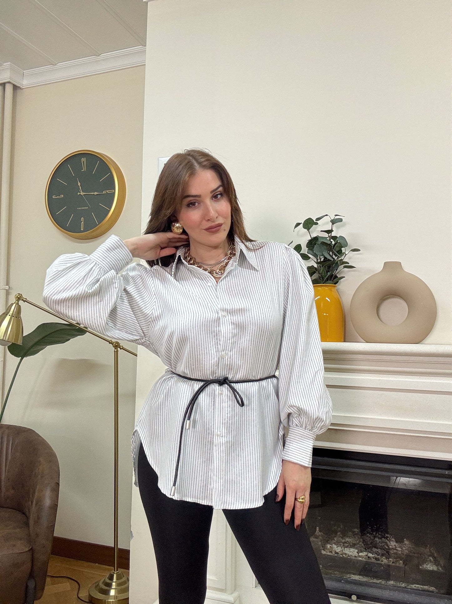 Simli kemerli çizgili gömlek BEYAZ