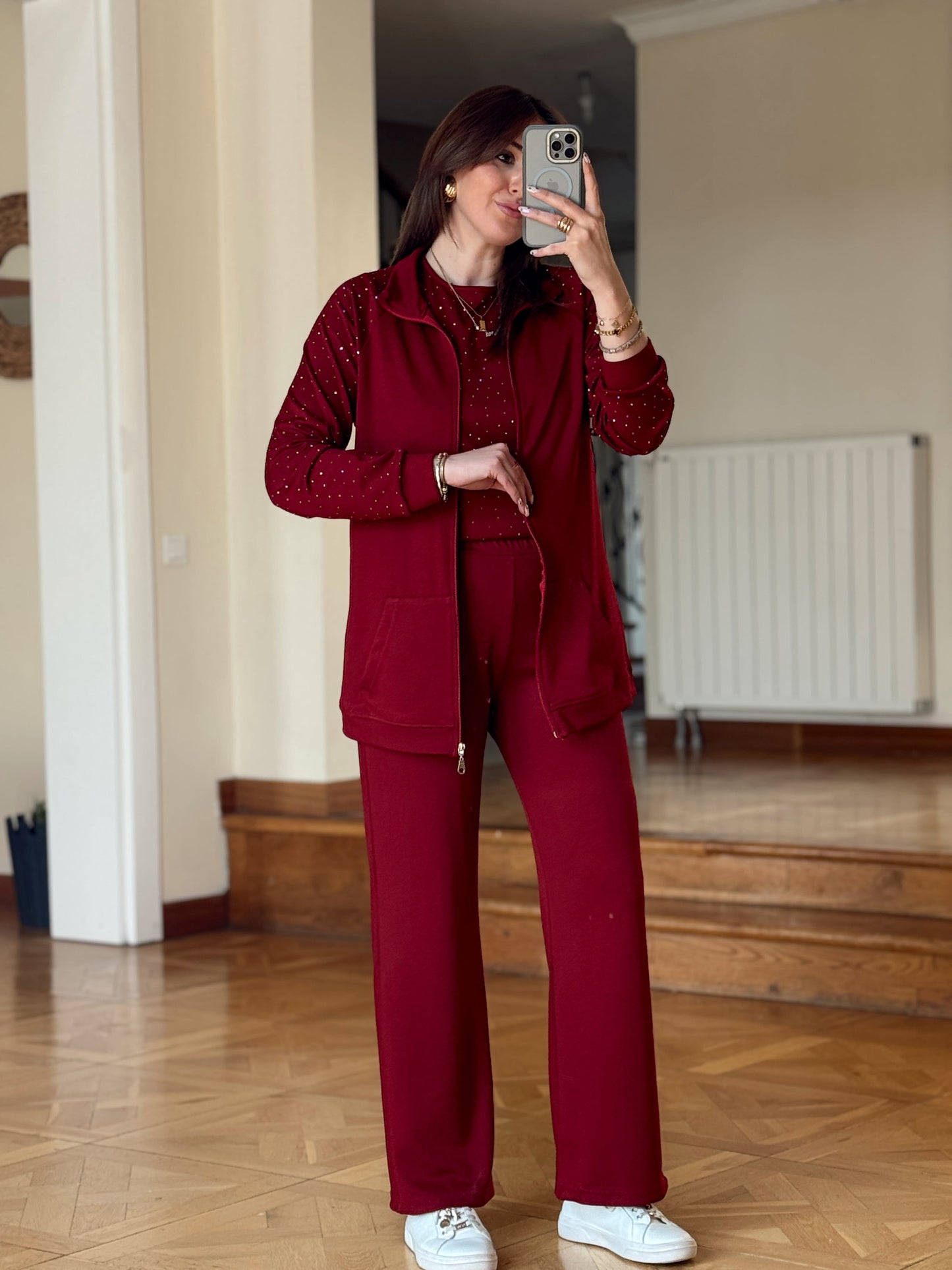 Üçlü Taşlı Oys Takım-BORDO