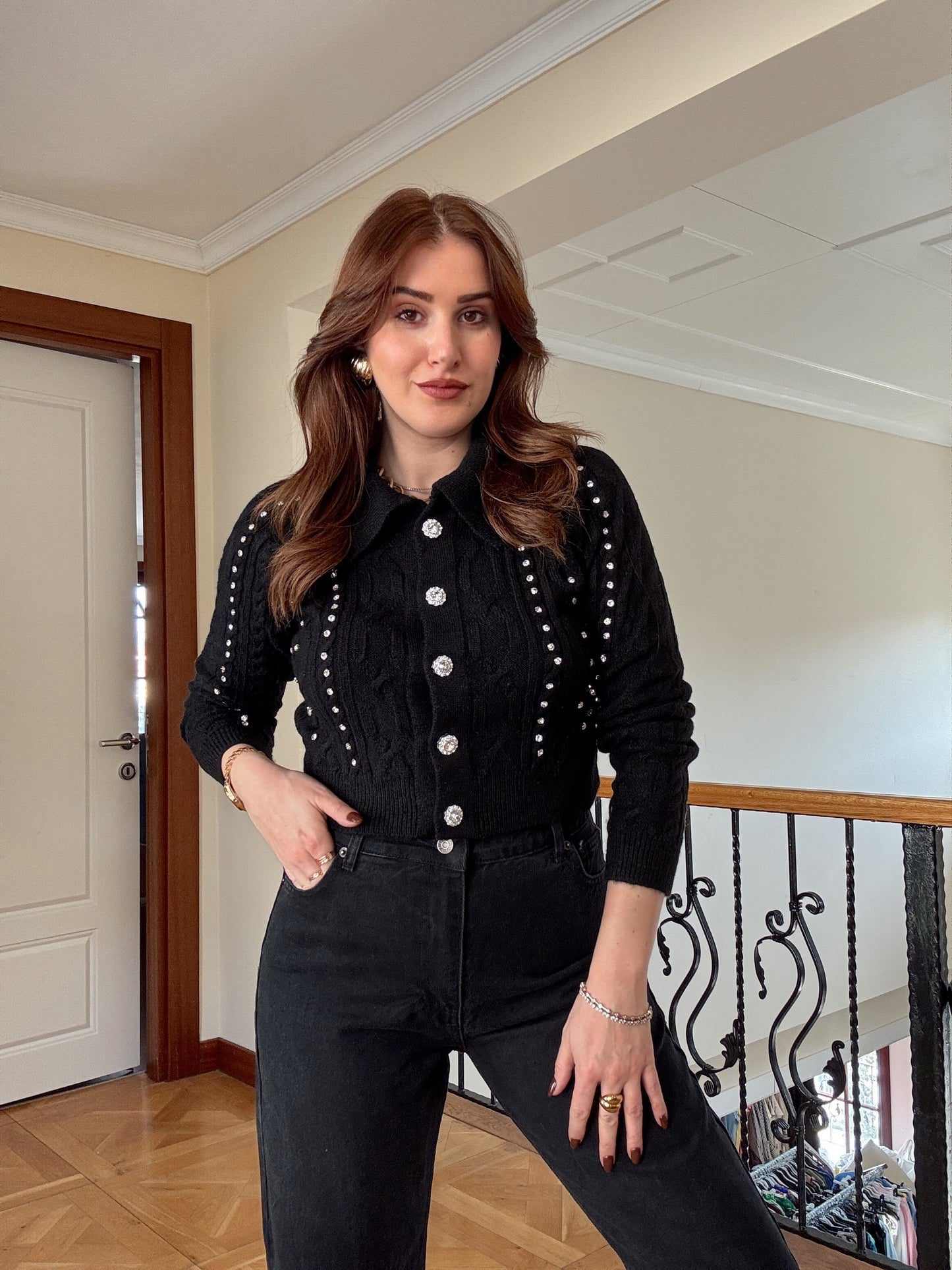 Örgü taşlı ceket-SİYAH