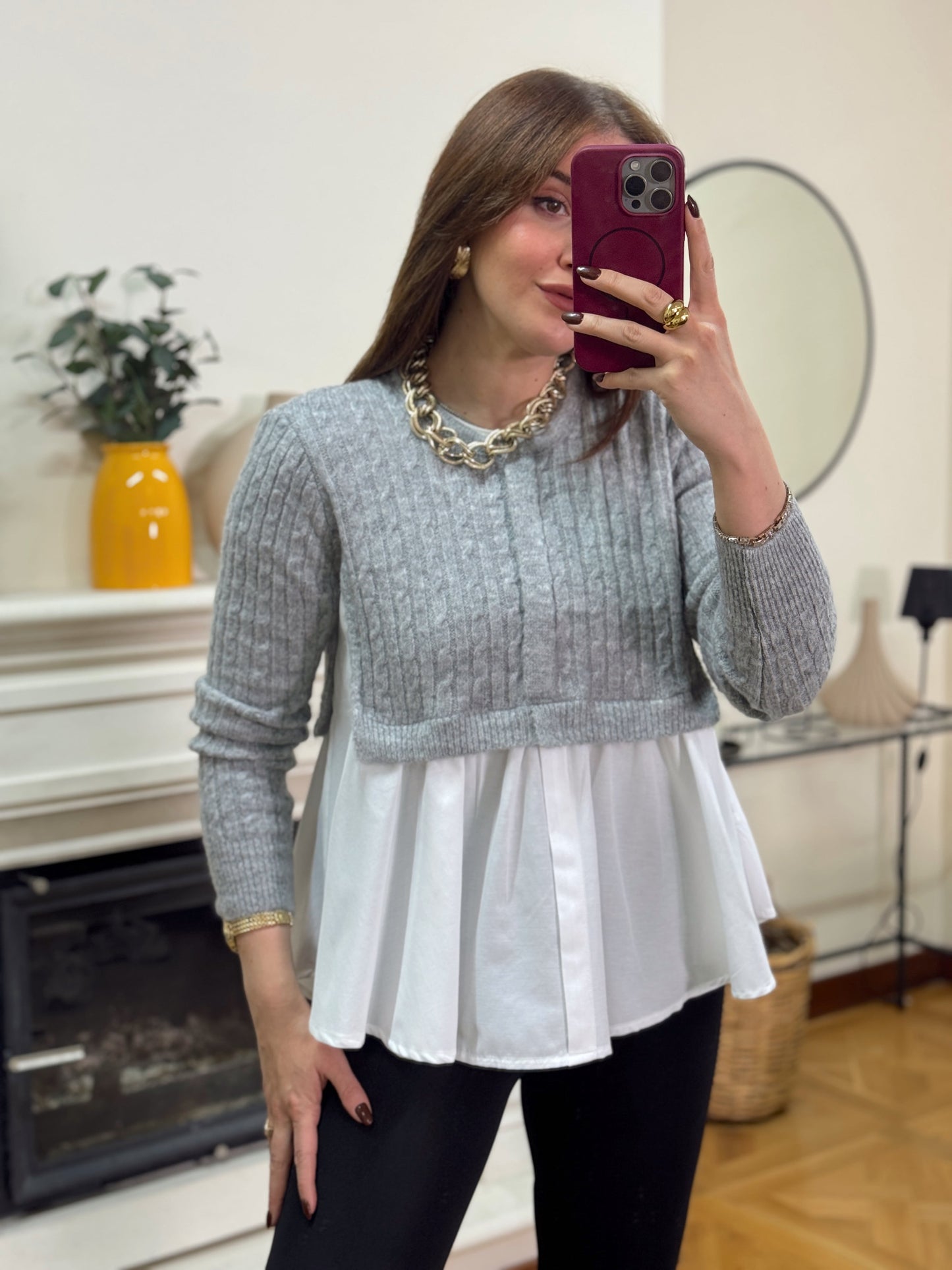 Poplin gömlek garnili triko kazak -GRİ