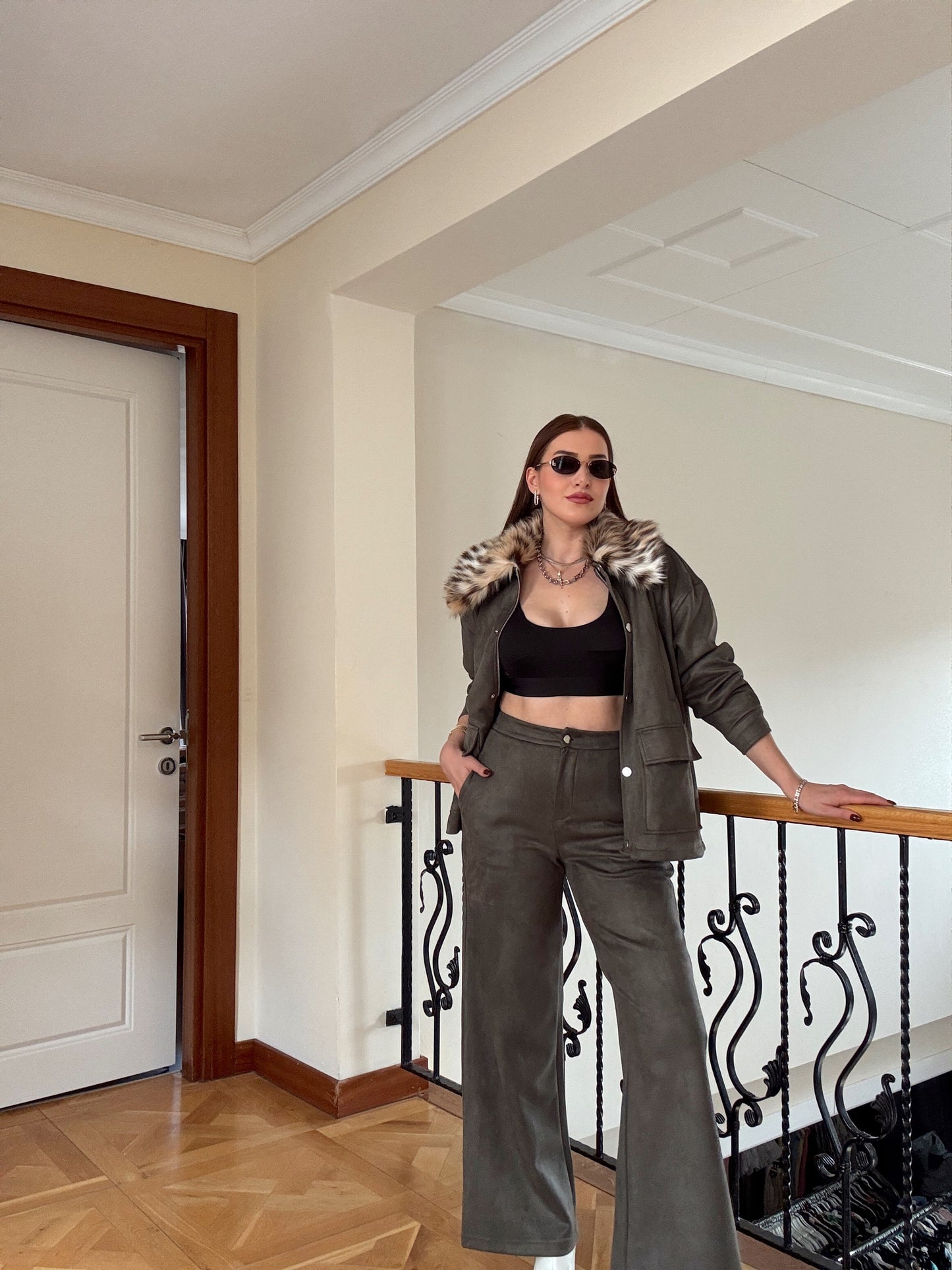 LEOPAR yaka süet ikili takım HAKİ