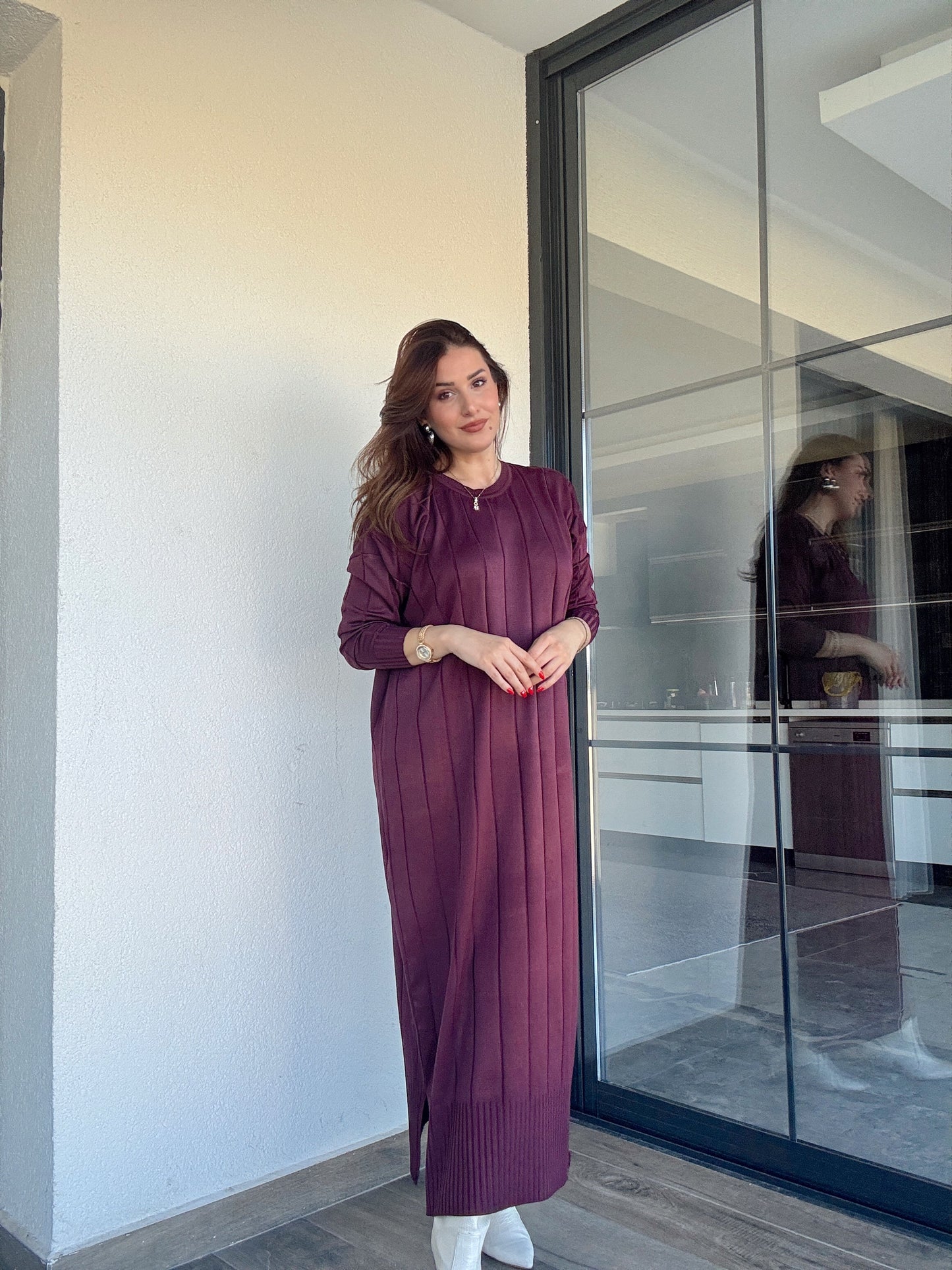 Şerit detaylı uzun triko elbise MÜRDÜM