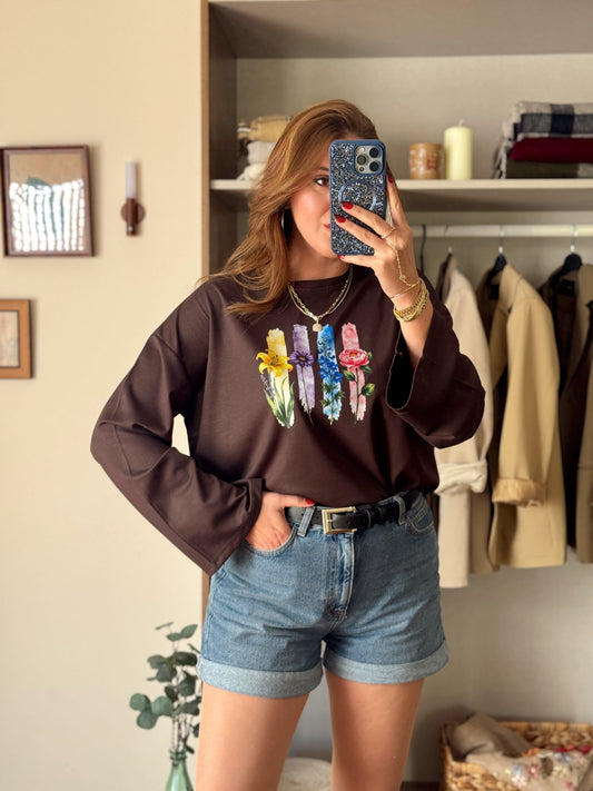Çiçek desenli modal sweat Kahve