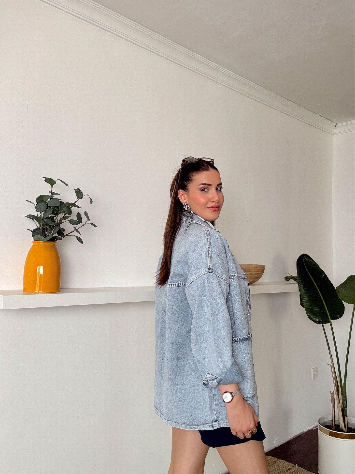 Cepli Taşlı oversize jean ceket Mavi