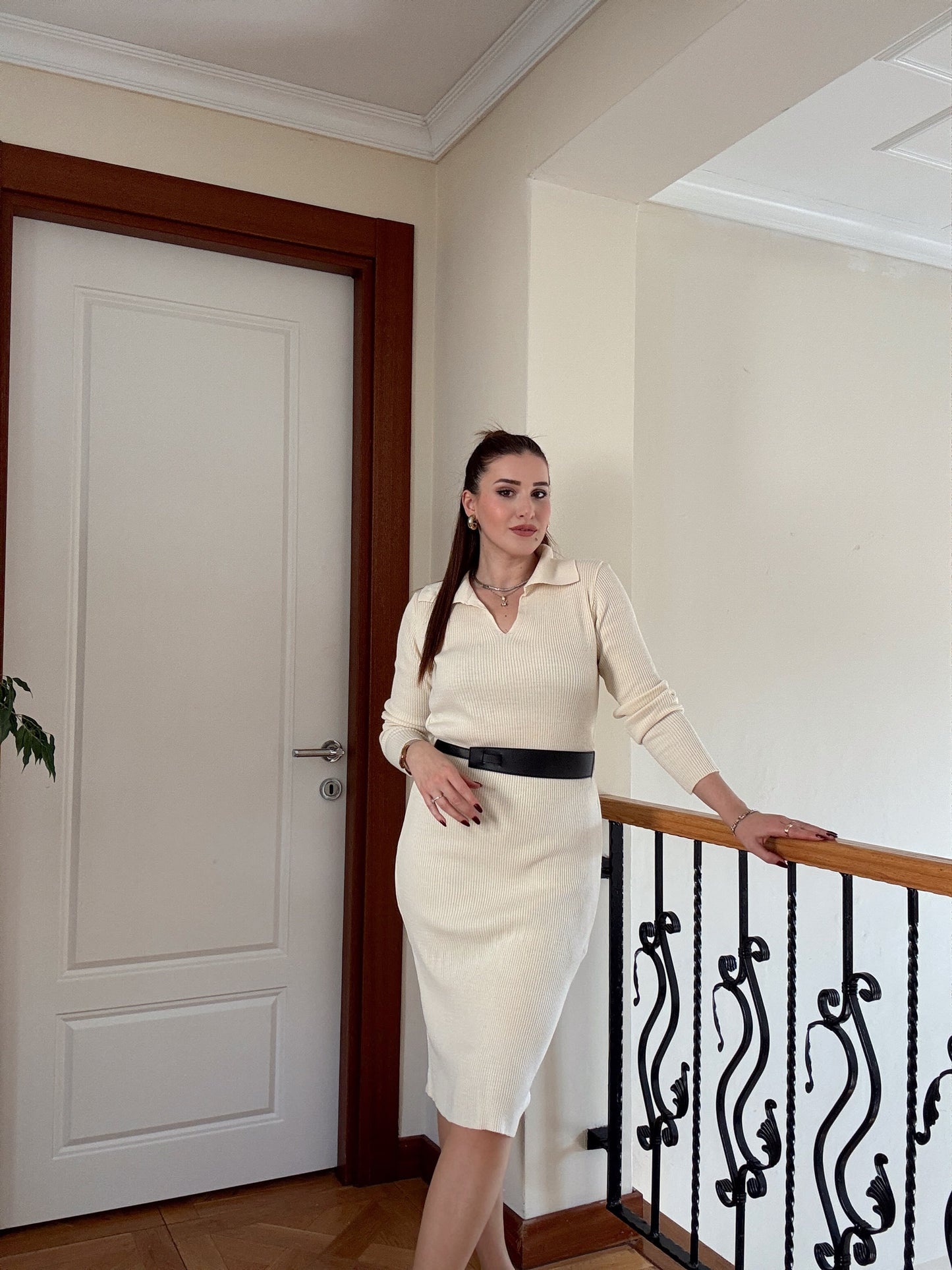 Fitilli Polo Yaka Triko Elbise - BEJ