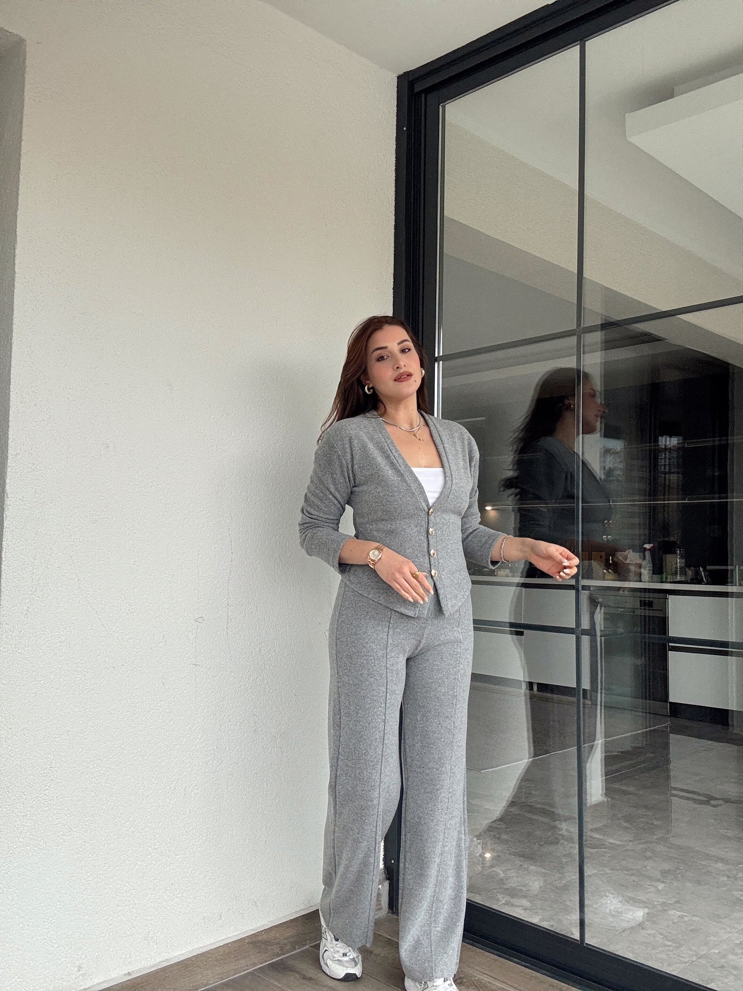 Selanik önü düğmeli ceket çimalı pantolon takım-KOYU GRİ