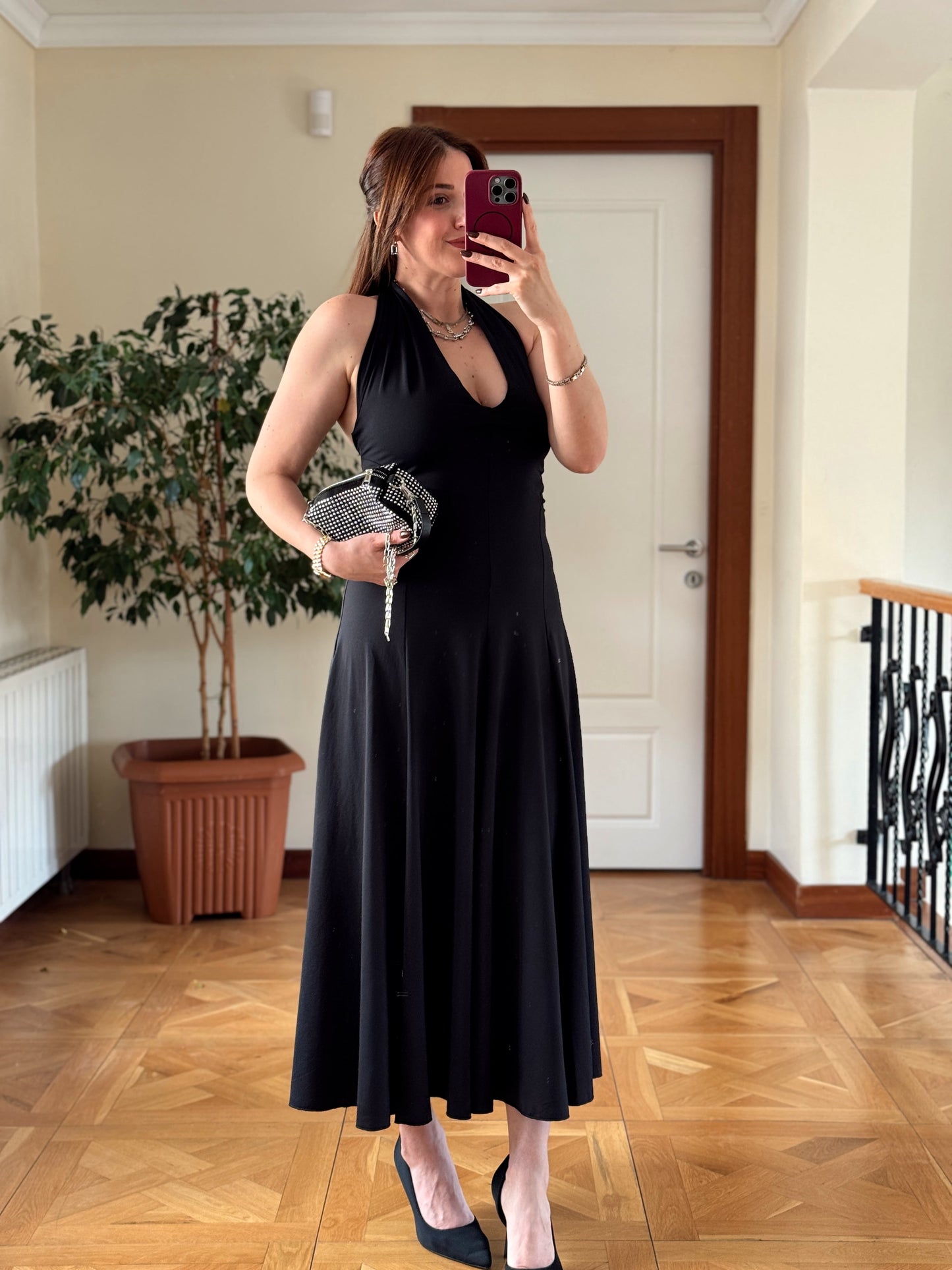 Dalgıç kumaş boyun geçme elbise-SİYAH