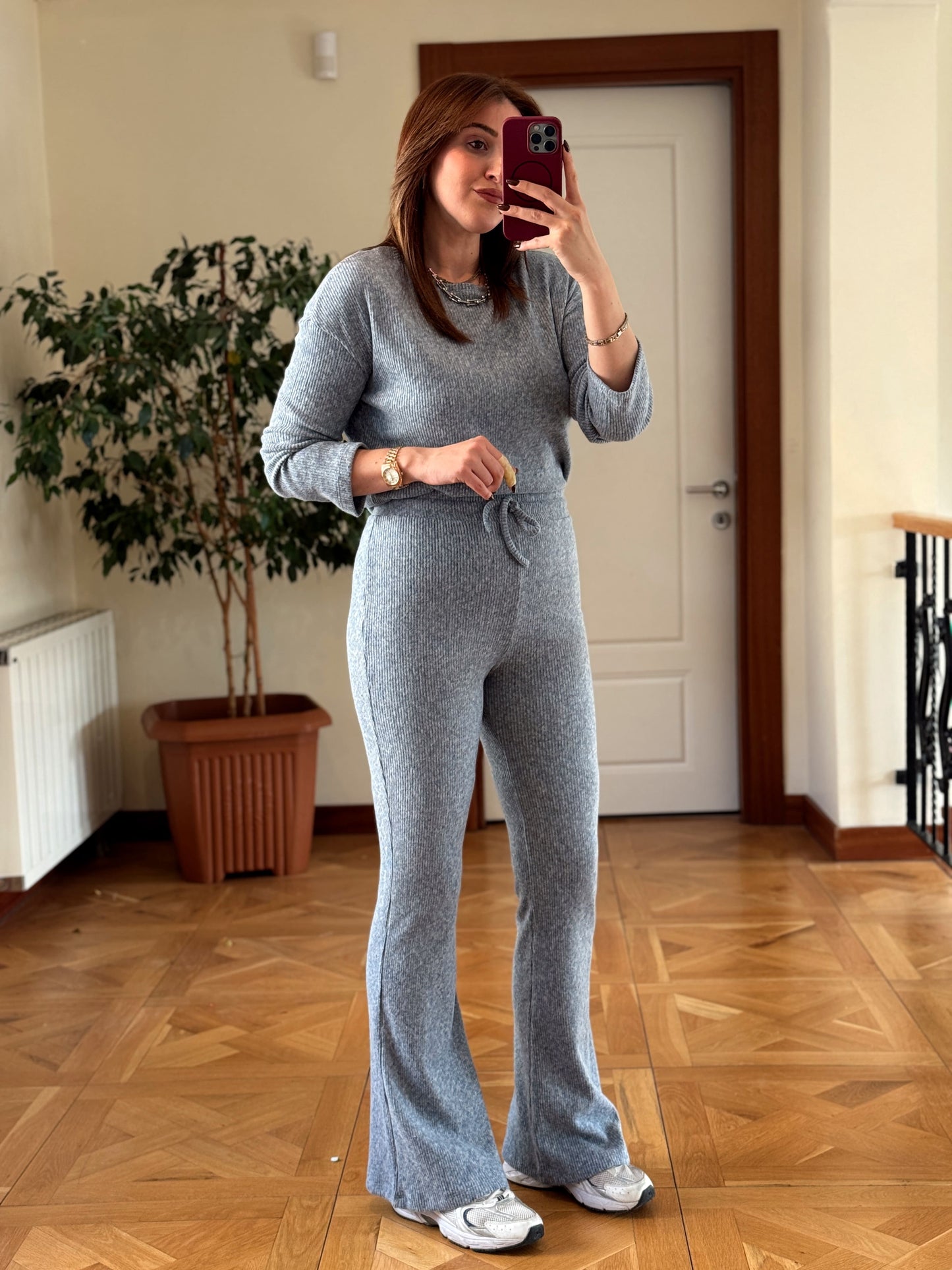 Fitilli bisiklet yaka crop bol paça pantolon takım-MAVİ