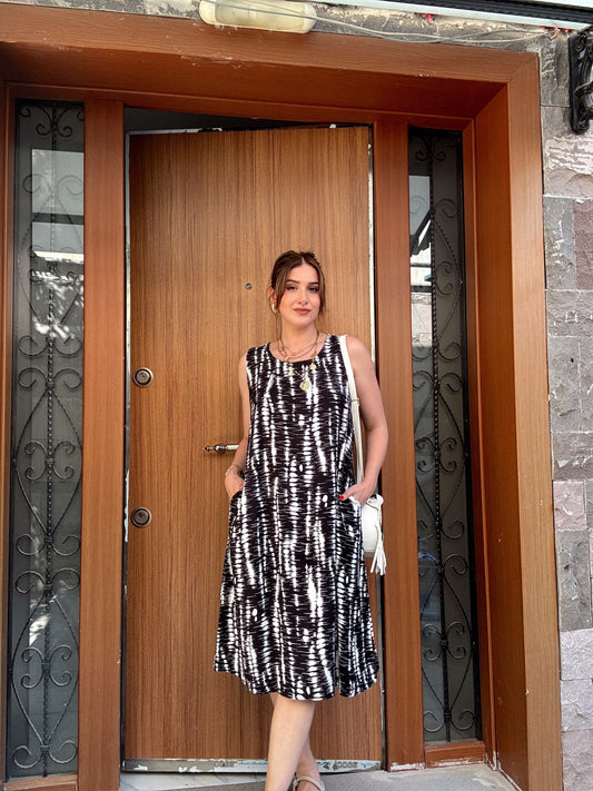 MORENA desenli cepli pamuklu elbise SİYAH