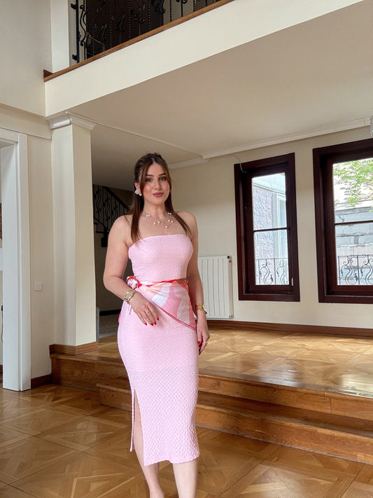 Straplez likralı astarlı elbise  PEMBE