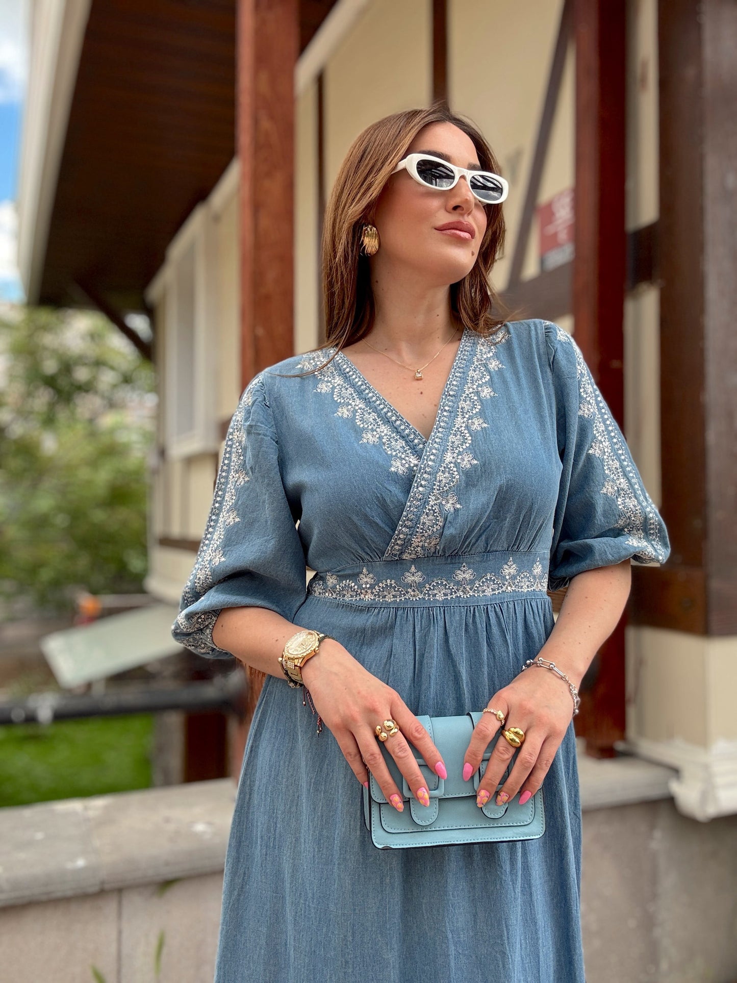Nakışlı Tensel Elbise Mavi