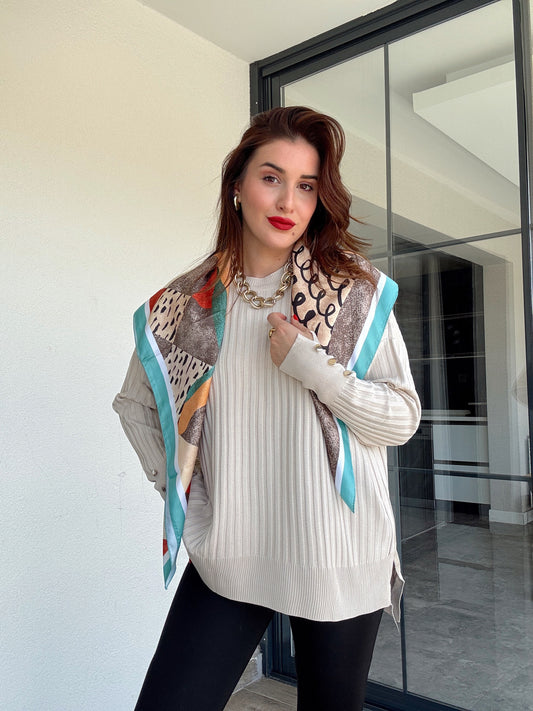 Oversize kesim kol düğmeli kazak BEJ