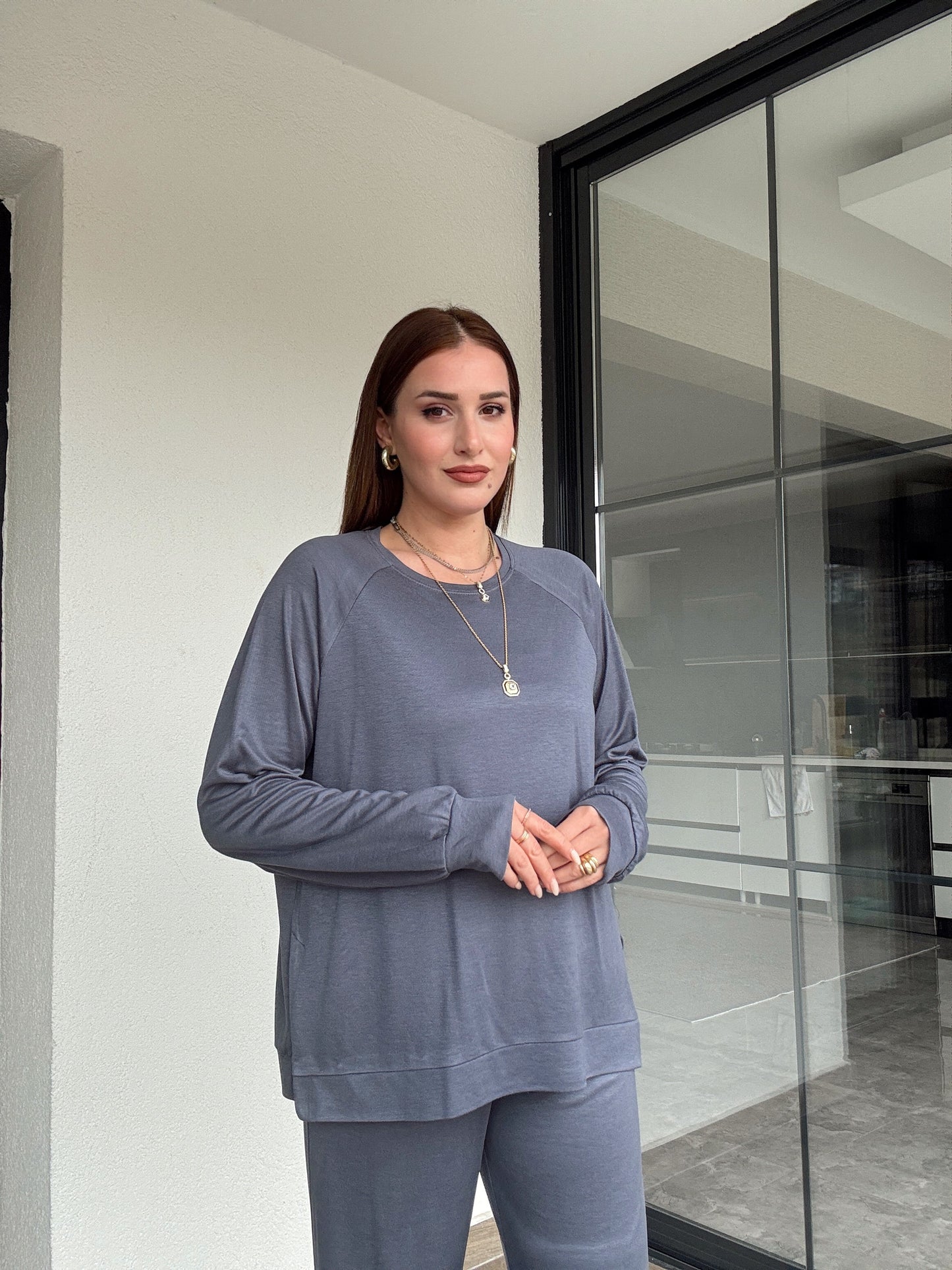 Modal kumaş reglan kol yırtmaç detaylı takım-FÜME