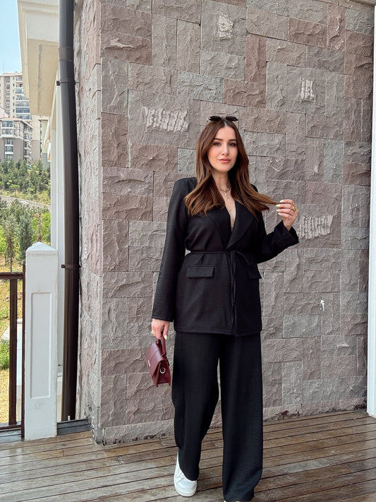 Keten kumaş ceket pantolon takım SİYAH