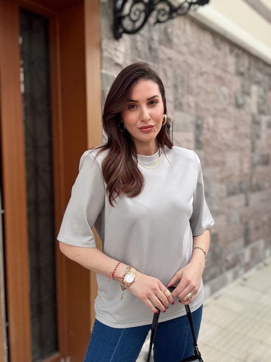 Vatkalı Pamuklu Basic Tişört GRİ