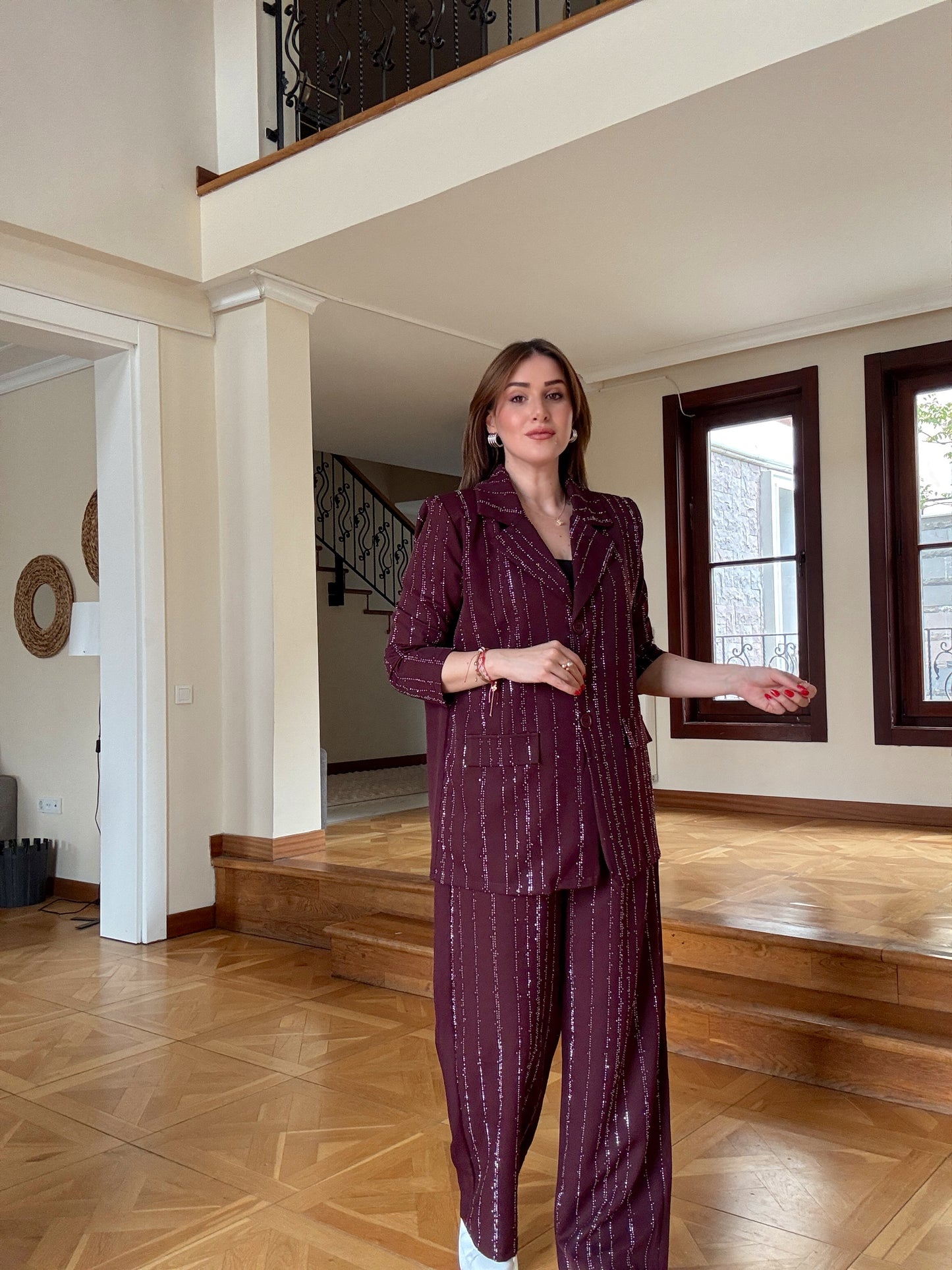Taş detaylı Ceketli Takım Mürdüm