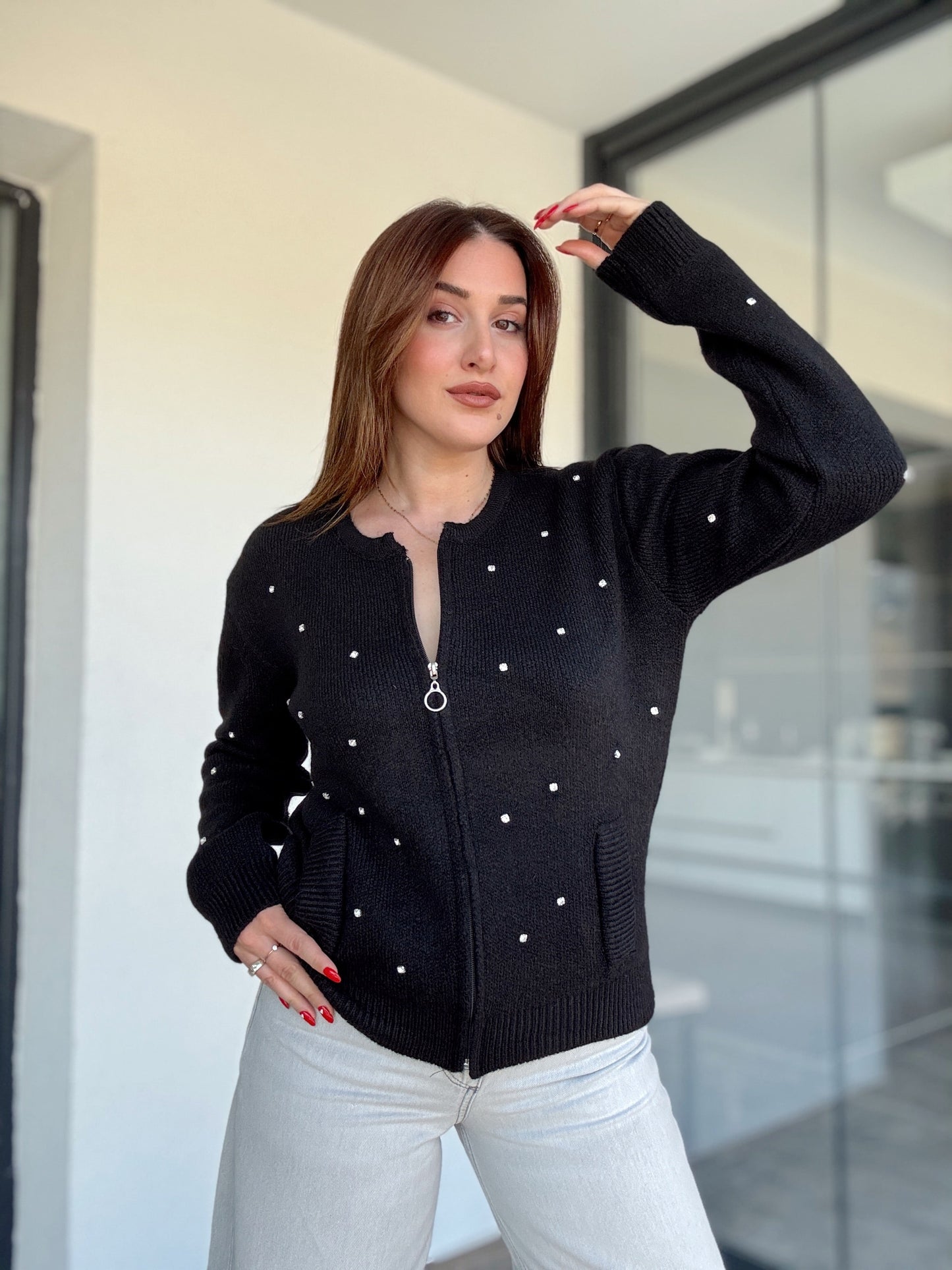 Fermuarlı Taşlı Triko Ceket Siyah