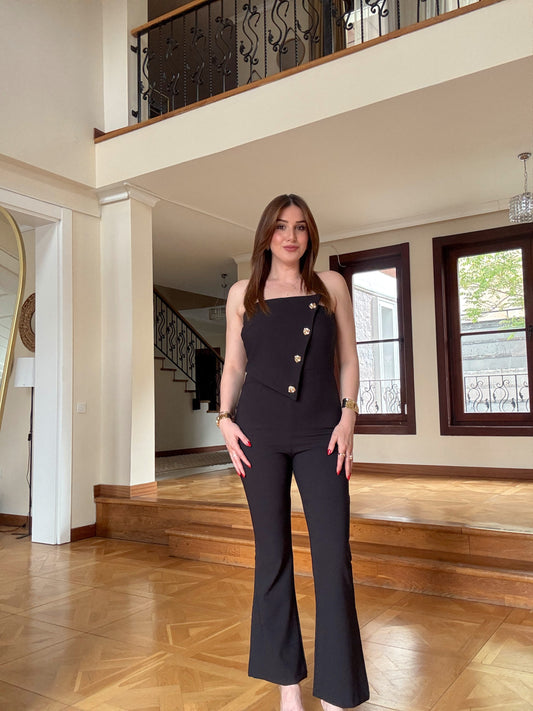 Bonoya gold tokalı sırtı lastikli tulum SİYAH