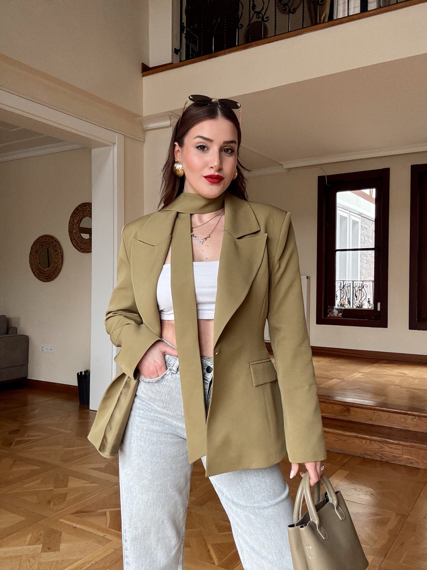 Fular Detaylı Ceket-HAKİ
