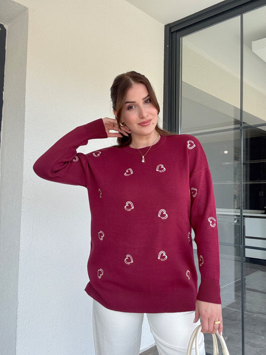 Kalp Nakışlı Premium Triko Kazak Bordo