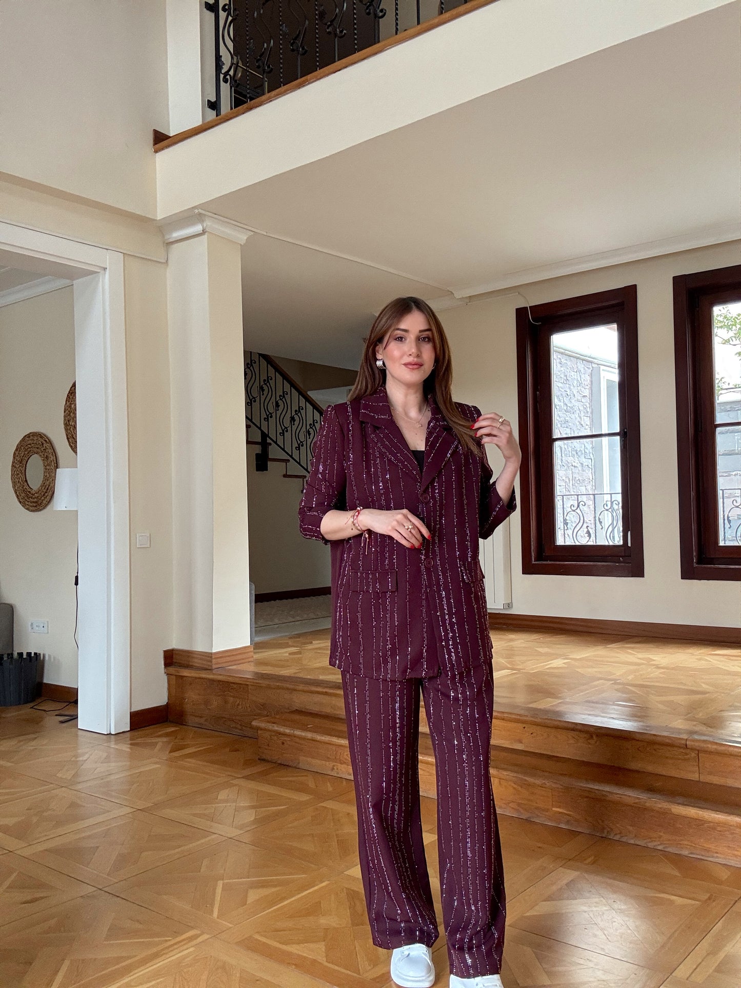 Taş detaylı Ceketli Takım Mürdüm