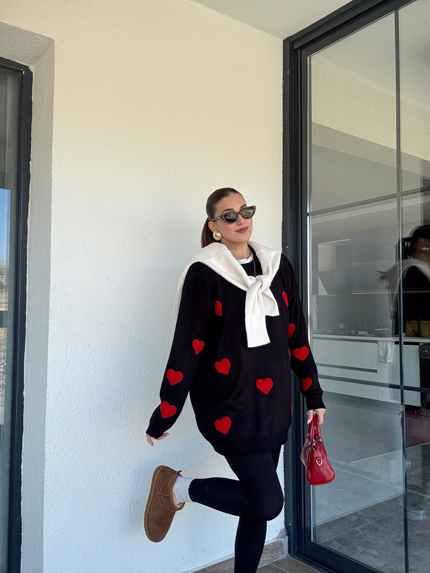 Kalp İşleme Triko Kazak - SİYAH