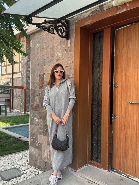Fermuarlı Triko Elbise - GRİ