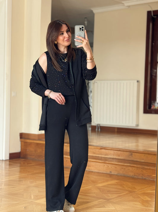 Üçlü Taşlı Oys Takım-SİYAH