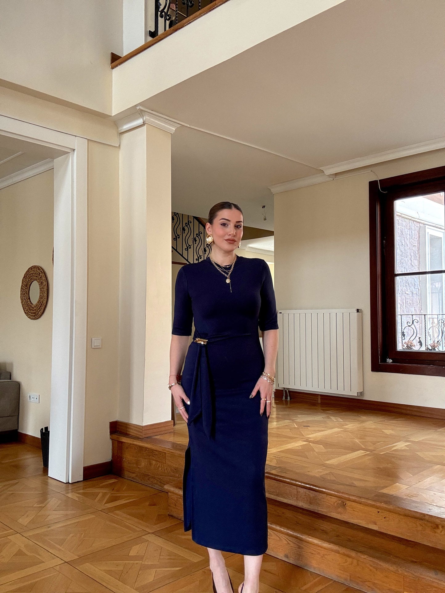 Önü toka detaylı modal elbise LACİVERT