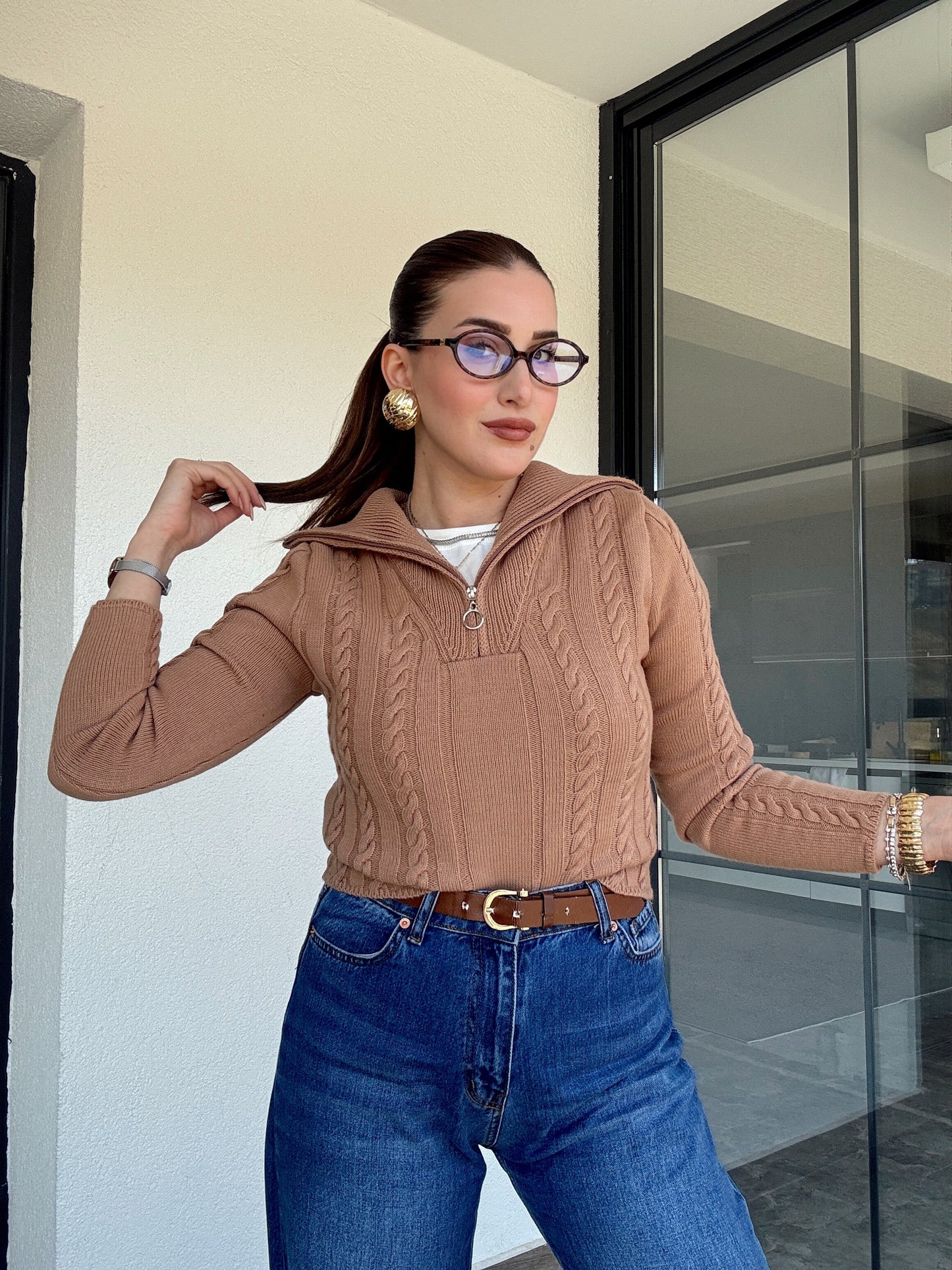 Saç Örgü Fermuarlı Spor Bluz - CAMEL