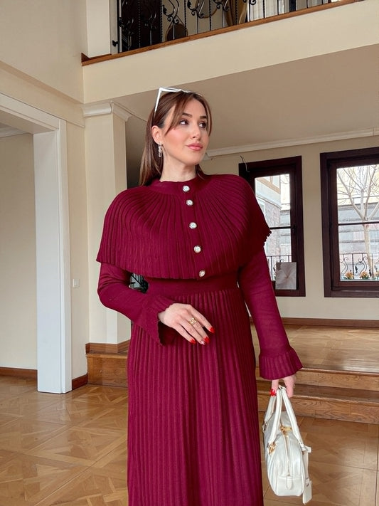 Gold düğme detaylı elbise pelerinli takım-BORDO