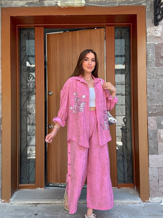 Yan düğme detaylı premium keten takım PEMBE