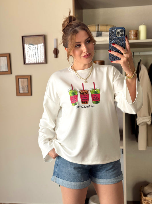 Leopar Coffe  Modal sweat Beyaz