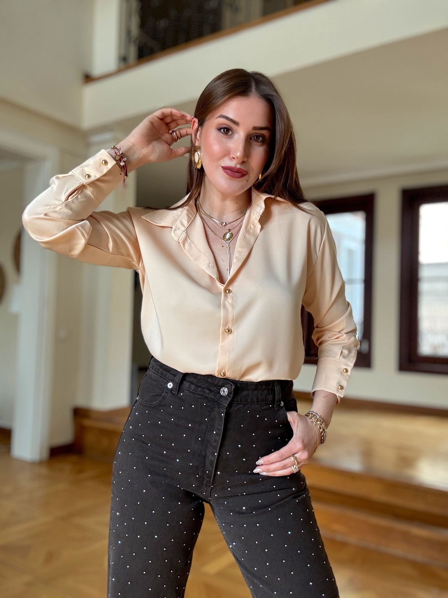 Gold düğme Saten gömlek somon