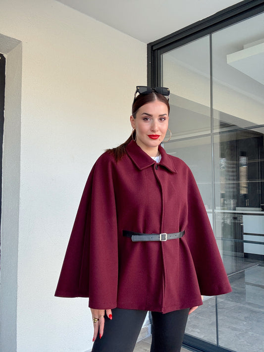 Yakalı kemerli panço bordo