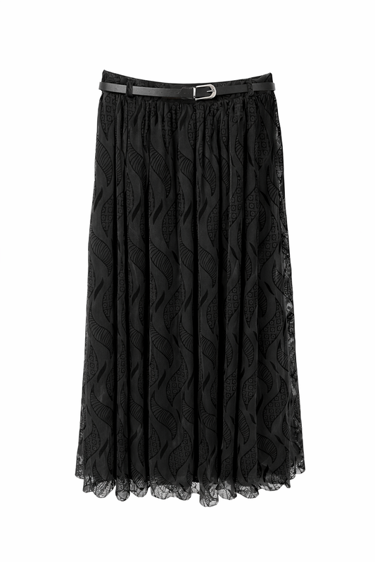 Kemerli Astarlı Şifon Etek Siyah