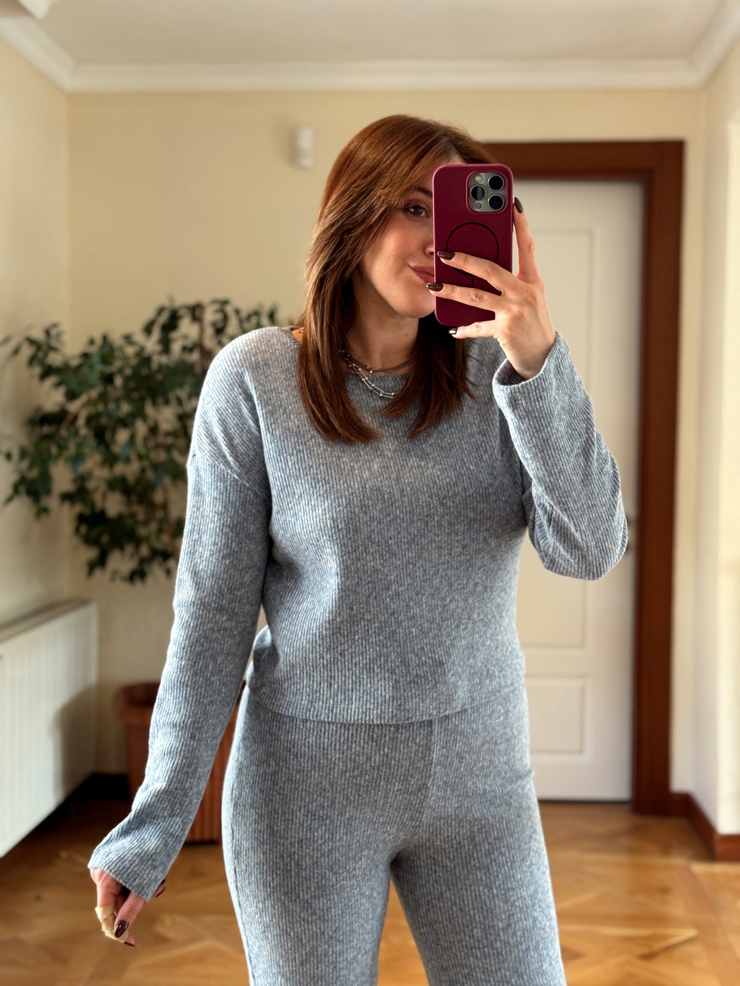 Fitilli bisiklet yaka crop bol paça pantolon takım-MAVİ