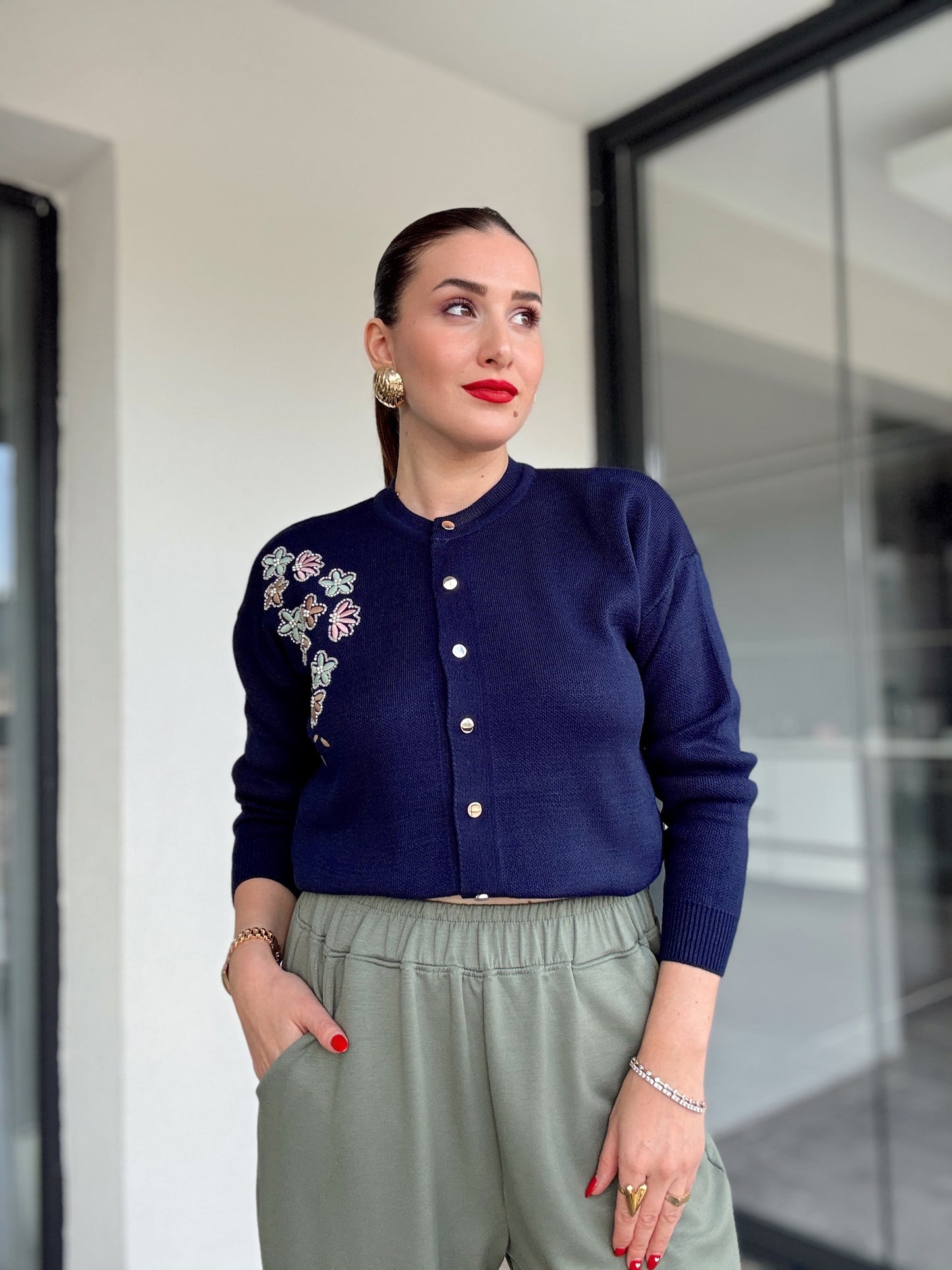 Papatya çiçekli hırka Lacivert