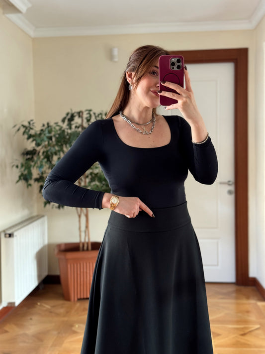 Kare yaka uzun kol bluz-SİYAH