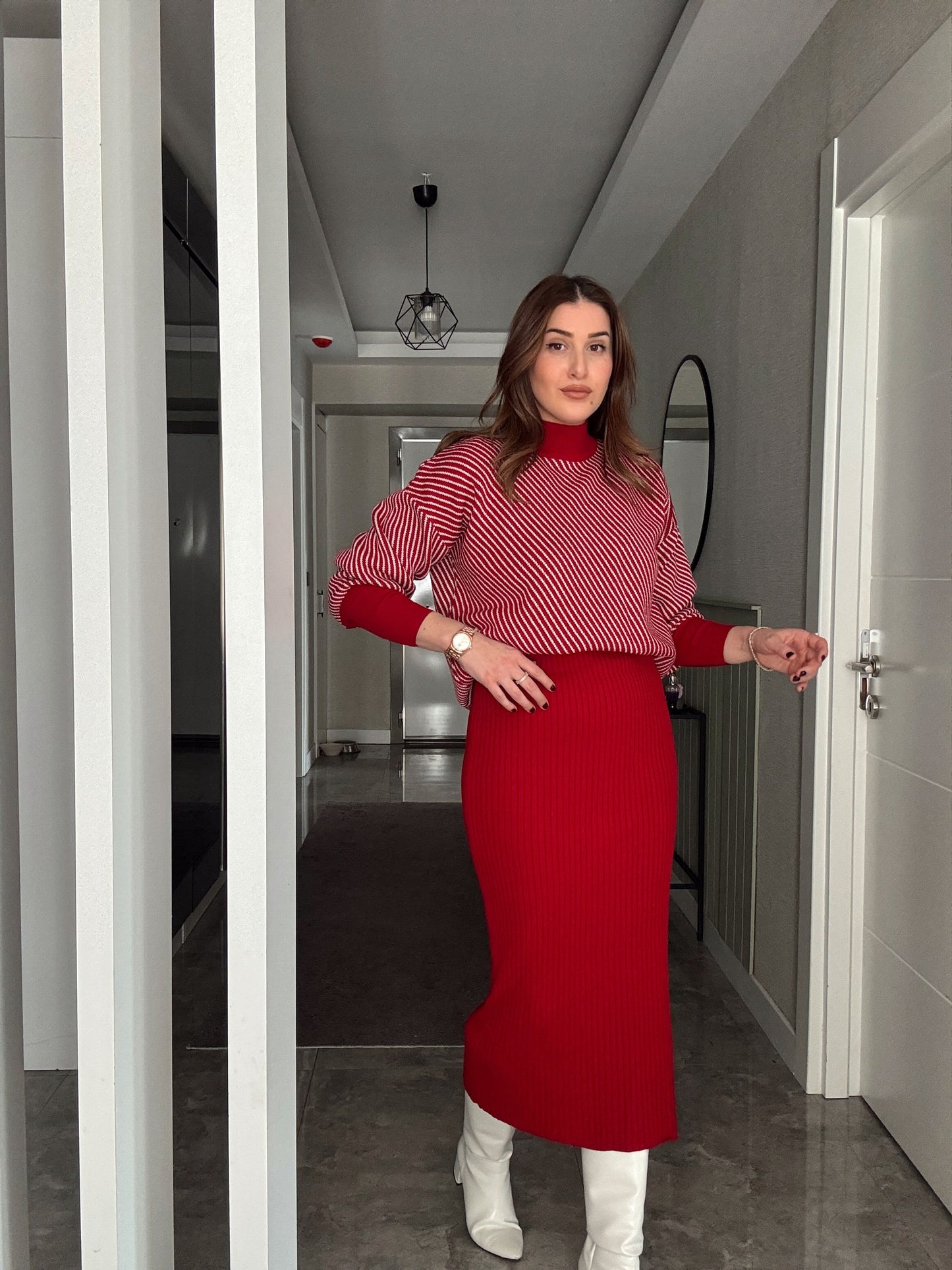 Yatay Çizgili Pikeli Jileli Takım - KIRMIZI