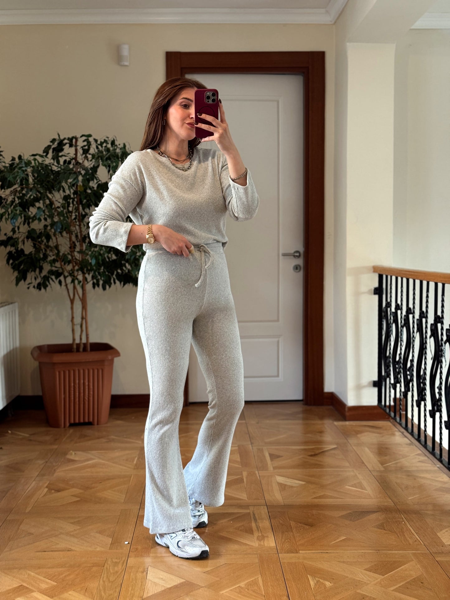 Fitilli bisiklet yaka crop bol paça pantolon takım-GRİ