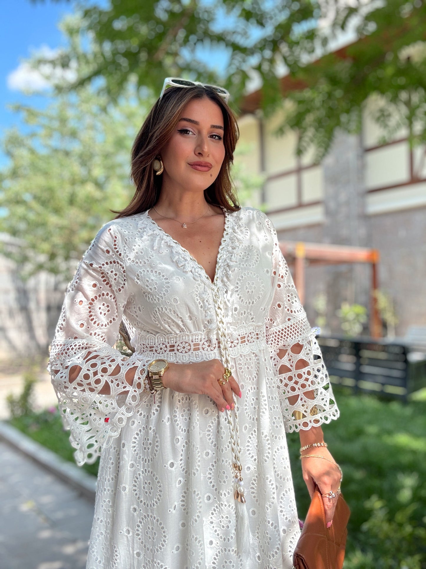 Örgü püskül detay Premium elbise Ekru