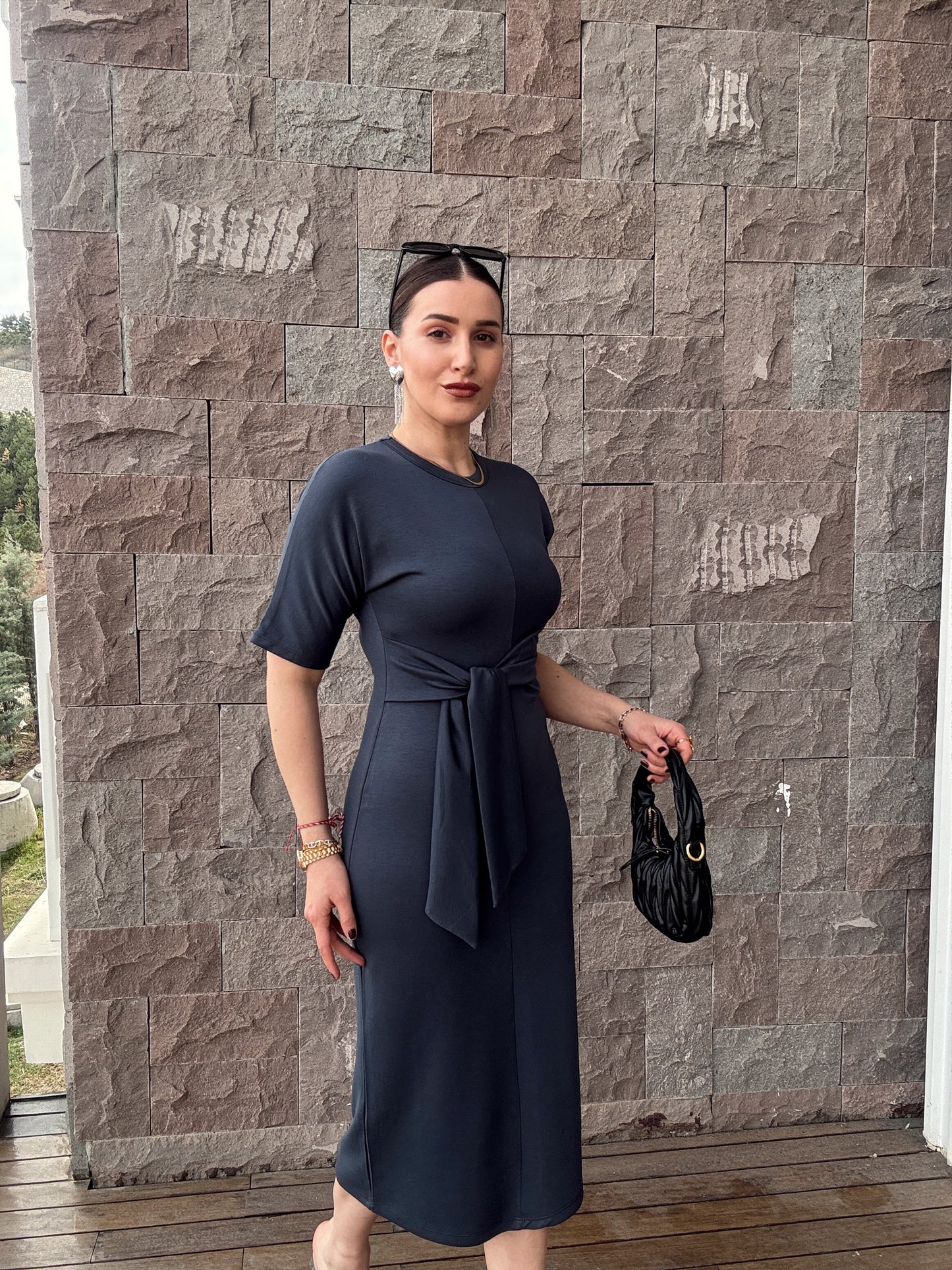 Bel bağlama detay modal kumaş elbise GRİ