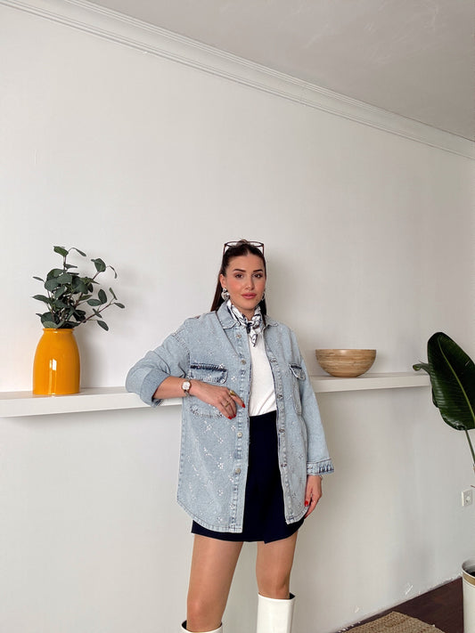 Damla Taşlı Jean Ceket Mavi