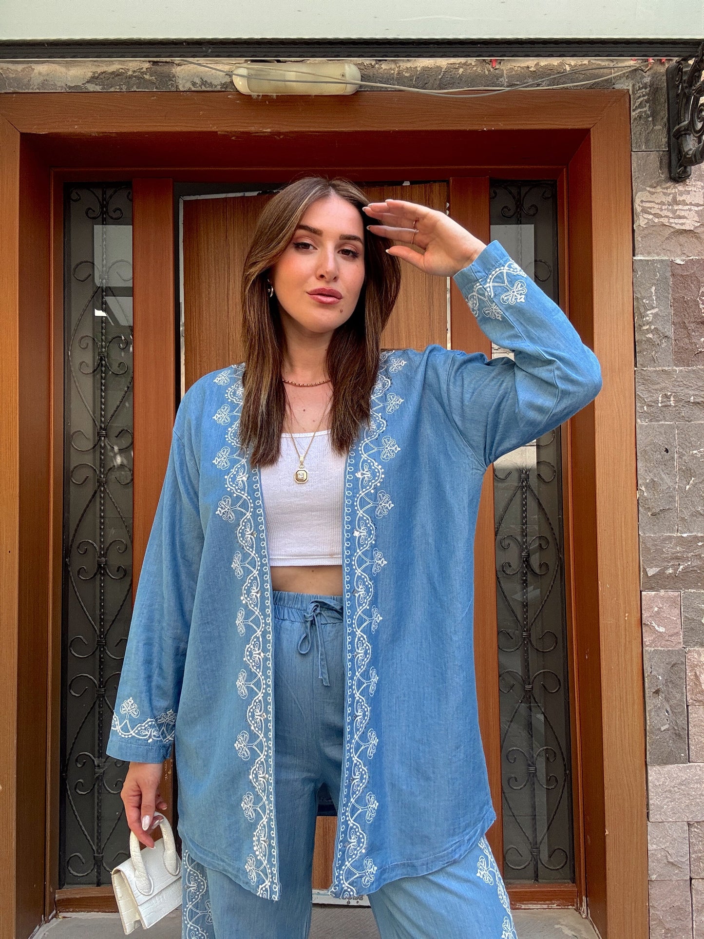 Nakış İşlemeli kot kimono takım MAVİ