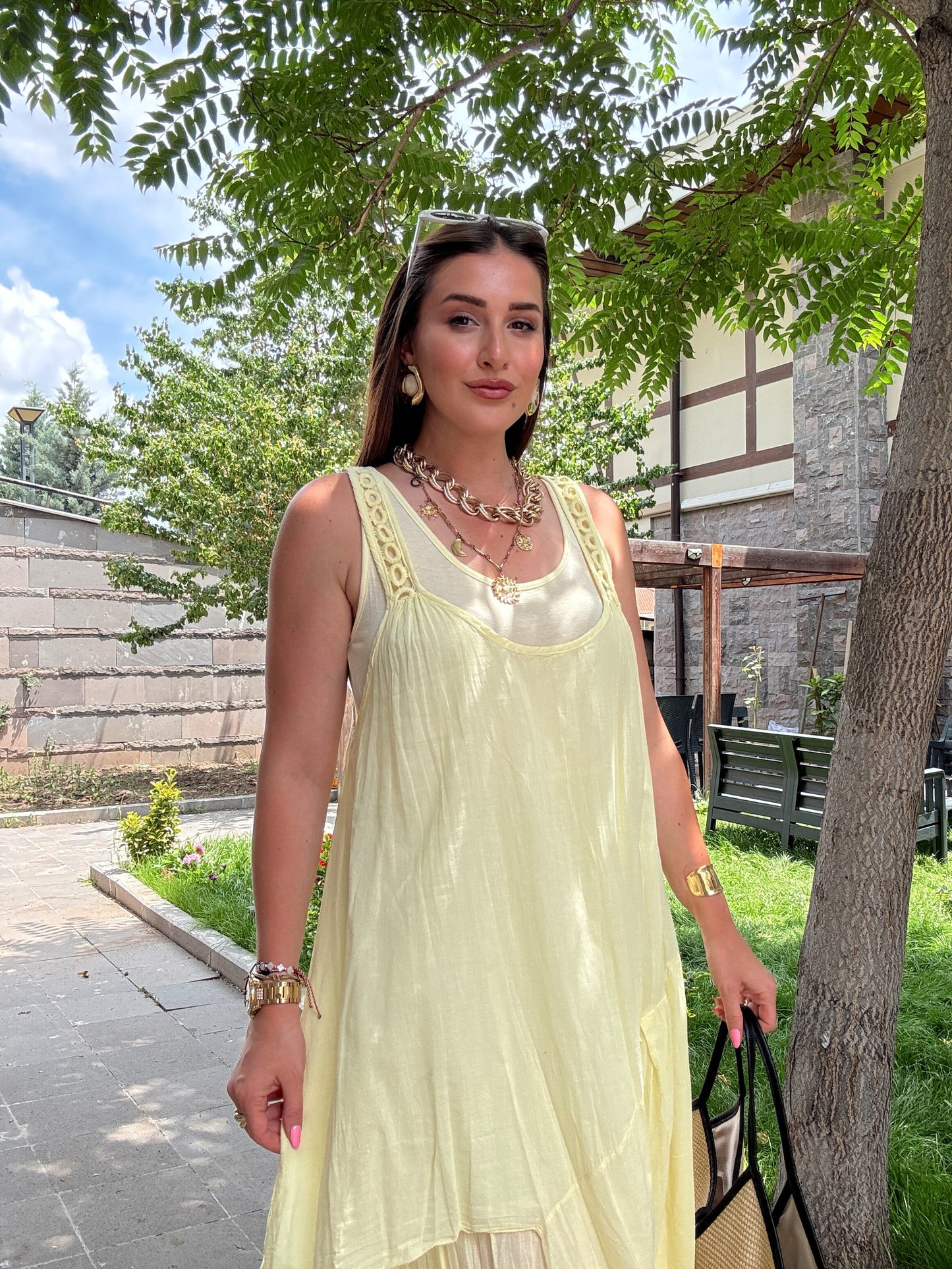 Askı Halka işlemeli Uzun Elbise Sarı